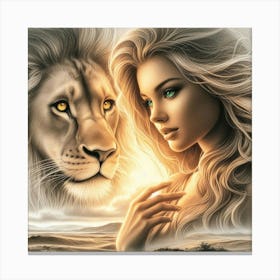 A beautiful woman and lion 5 Canvas Print