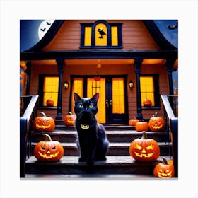 Halloween Cat In Front Of House Canvas Print
