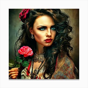 A Portrait Of A Gypsy Female With Rose Flower Canvas Print