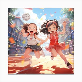 Two Girls Playing Soccer Anime 3 Canvas Print