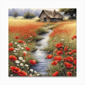 Beautiful Field Of Poppies With Tiny Little Daisies A Small Stream And An Abandoned Hut In The Dist (1) Canvas Print