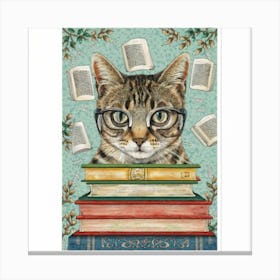 An art print featuring a detailed and whimsical portrait of a cat wearing glasses, surrounded by books and literary elements, capturing the charm of a feline book lover. This playful and delightful art print is ideal for cat enthusiasts and book lovers, adding a touch of whimsy and coziness to home decor. Canvas Print
