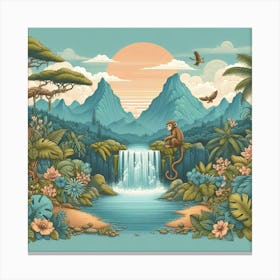 Monkey at the waterfall, Boho style 3 Canvas Print