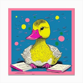 Duckling Reading A Book Linocut Style 2 Canvas Print