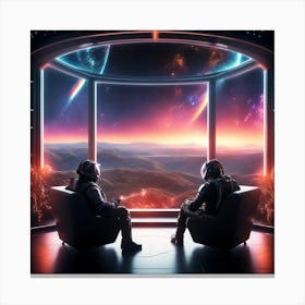 The Image Depicts A Futuristic Space Scene With A Man Sitting On A Couch In Front Of A Large Window That Offers A Breathtaking View Of The Galaxy 1 Canvas Print