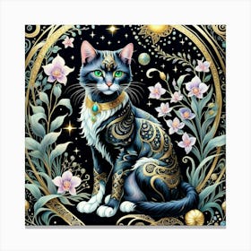 Black Cat With Flowers 1 Canvas Print