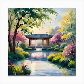 Water Color Oil Painting Of A Tranquil Zhen Garden 3 Canvas Print