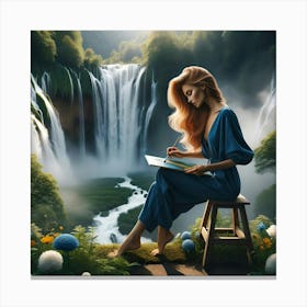 Girl Reading A Book By A Waterfall Canvas Print