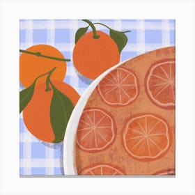 Orange Cake On Blue Tablecloth Square Canvas Print