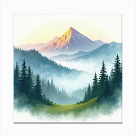 Whimsical Watercolor Mountain View With Magical Fog 1 Canvas Print