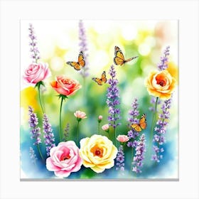 Watercolor Roses And Butterflies Canvas Print