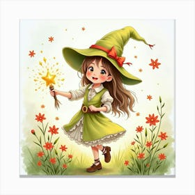 Magical Girl Casting Spells In A Flowery Meadow, Watercolor Style 1 Canvas Print