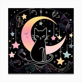 Black Cat On The Moon whimsical minimalistic line art Canvas Print