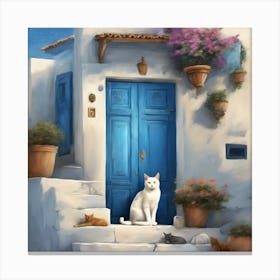 847079 Greek Blue Door Cat Art Print Xl 1024 V1 0 Canvas Print