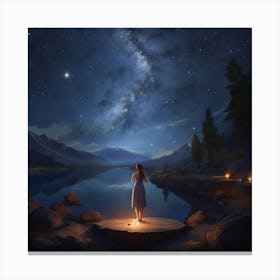 Girl Standing On A Pier In The Night Canvas Print