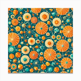 A Vibrant Retro Futuristic Seamless Pattern Featuring Stylized Atoms Starbursts And Geometric Shapes, 200 Canvas Print