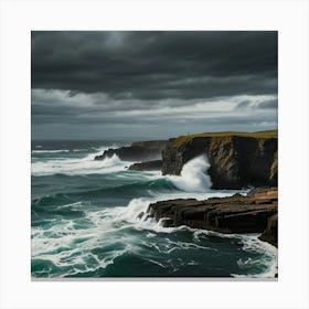 A Dramatic Cliffside Overlooking A Turbulent Ocean With Waves Crashing Against The Rocks Canvas Print