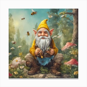Sunflower Gnome With Bee Funny Hippie Gnome Canvas Print