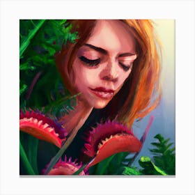 Woman smelling Venus Flytraps Canvas Print