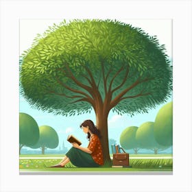 Girl Reading A Book Under A Tree 1 Canvas Print