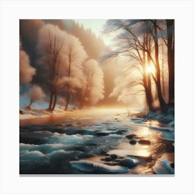 Early Winter Landscape With Flowing River In Sunset Canvas Print