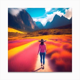 Woman Walking Through A Colorful Field Canvas Print