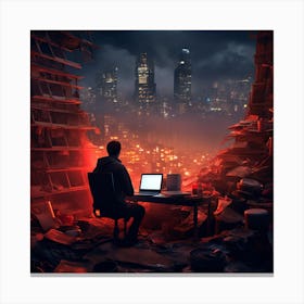 Man Working On A Laptop In A City Canvas Print