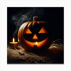 A spooky, carved pumpkin with a glowing candle inside sits on a table next to a flickering candle and a bat, all surrounded by a smoky mist Canvas Print