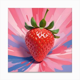 A Single Strawberry With Green Leaves Is Centered On A Bright Background With Pink And Blue Swirls That Resemble A Radial Explosion Canvas Print