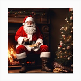 Santa Claus Sitting In Front Of Fireplace 2 Canvas Print