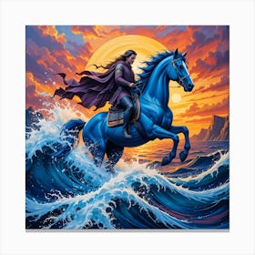 Blue Horse At Sunset*Knight defies the waves of the sea * Canvas Print