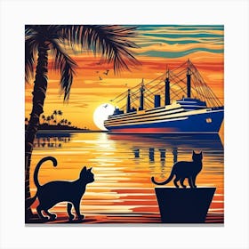 Sunset With Cats And Ship Canvas Print