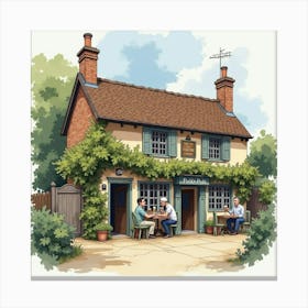 A Quaint Village Pub With Locals Chatting, Captured In Watercolor 1 Canvas Print