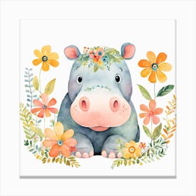 Floral Baby Hippo Nursery Illustration (2) Canvas Print
