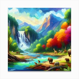 Colorful Landscape With Animals And Waterfall Canvas Print