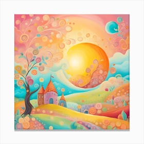 Colorful Landscape With Castle And Sun Canvas Print