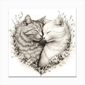 Delicate Ink Drawing of Cats Love Heart 10 Canvas Print