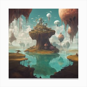 A surreal landscape with floating islands and otherworldly creatures. 1 Canvas Print