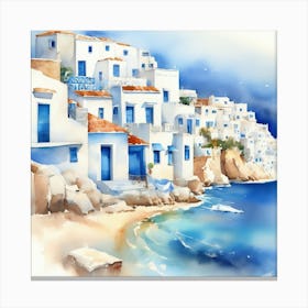 Watercolor Of Greek Village.Summer on a Greek island. Sea. Sand beach. White houses. Blue roofs. The beauty of the place. Watercolor. 1 Canvas Print