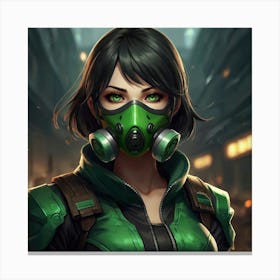 masterpiece, best quality, (Anime:1.4), black-haired girl, green eyes, small respirator mask, toxic environment, black leather outfit, epic portraiture, 2D game art, League of Legends style character 1 Canvas Print