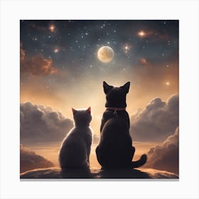 Cat and dog looking at the moon Canvas Print
