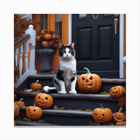 Halloween Cat Sitting On Steps 1 Canvas Print