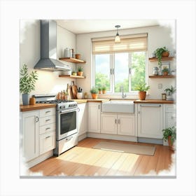 Elegant Kitchen Scene In Watercolor, Bright And Graceful 1 Canvas Print