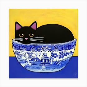 Black Cat In Blue And White Bowl Canvas Print