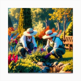 Two Gardeners In The Garden Canvas Print