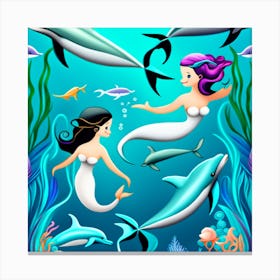 Fantasy Art: Mermaids Underwater Swimming With Dolphins Canvas Print