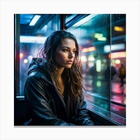 Evening Street Photography Of A Pensive Woman Sitting In A Bus Shelter Raindrops Streaking The Glas Canvas Print