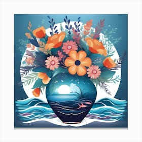 Flower Vase Decorated With Night Seascape, Blue And Orange Canvas Print
