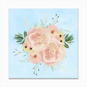 Pink Roses on Blue Watercolor Painting Canvas Print