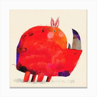 Red Squared Rhinoceros Square Canvas Print